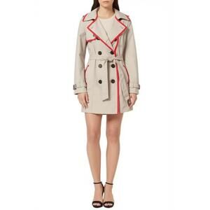 Braetan Light Grey Trench Coat Red Trim Belted Double Breasted Women’s Small